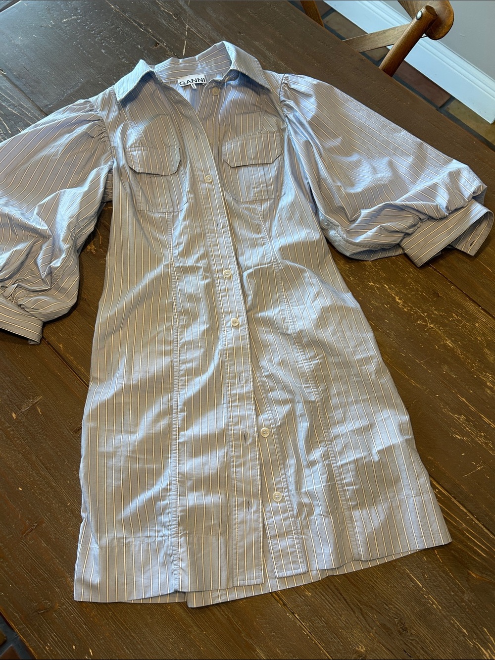 Ganni Light Blue Pinstripe Shirt Dress